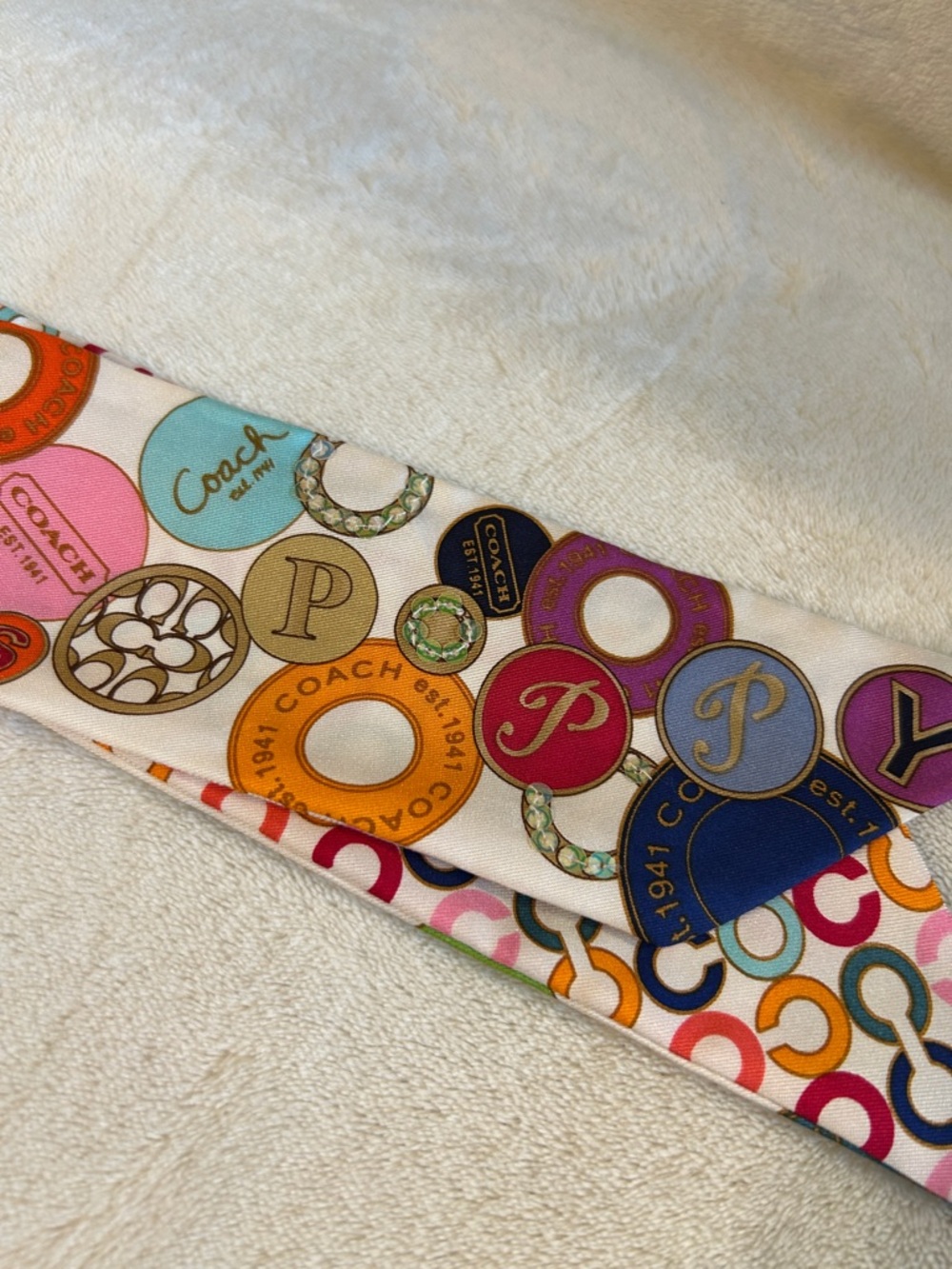 Coach Multicolor Logo Circles Silk Twilly Scarf - White Base - Picture 6 of 6